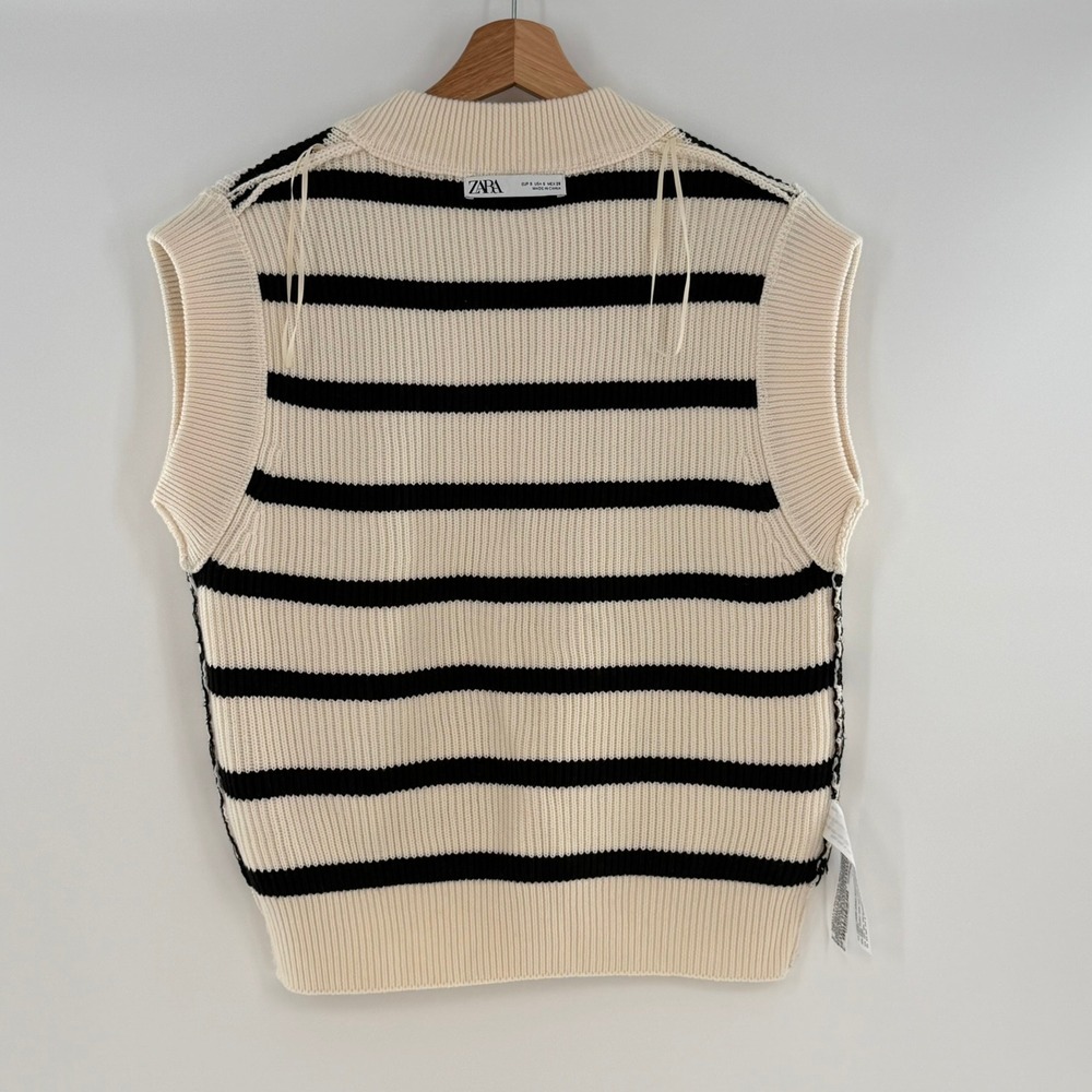 Zara Knit V-Neck Black Cream Striped Sweater Size Small - Picture 4 of 10